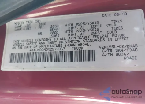 1999 Toyota Tacoma Prerunner V6 from USA, damaged, VIN 4TASN92N0X2573067